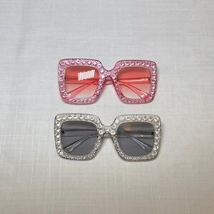 2 Pair Rhinestone Square Sunglasses Pink Gray Oversized Bling Statement Shades